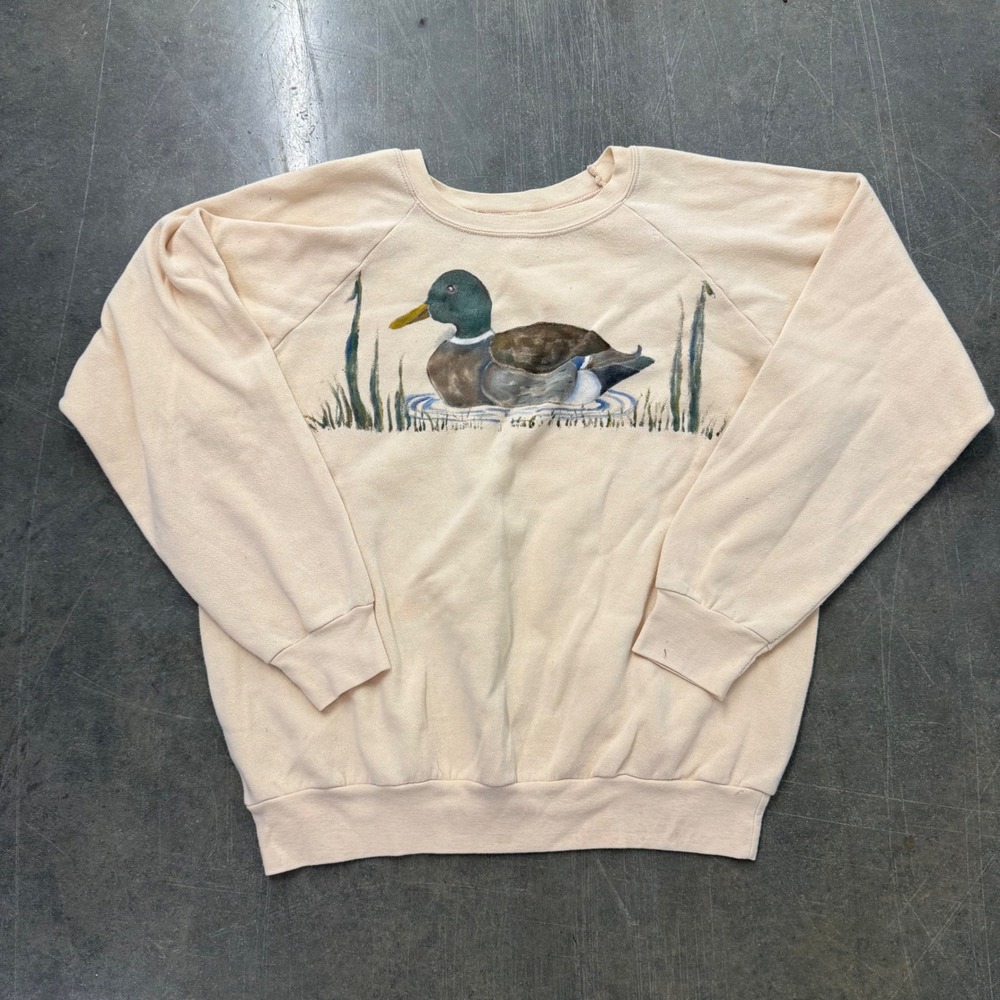 Vintage 80s Mallard Duck Hand Painted Raglan Sweatshirt Cream XL Outdoorsy